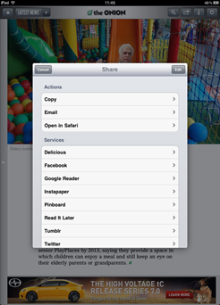 The Onion iPad App Article Sharing Options
