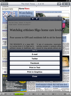 Irish Times iPad App Article Sharing Options