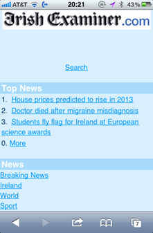 Irish Examiner Mobile site main page