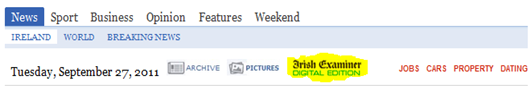 Irish Examiner Navigation Menu with Digital Edition link