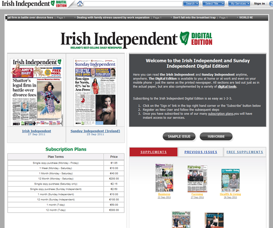Irish Independent Digital Edition subscription page